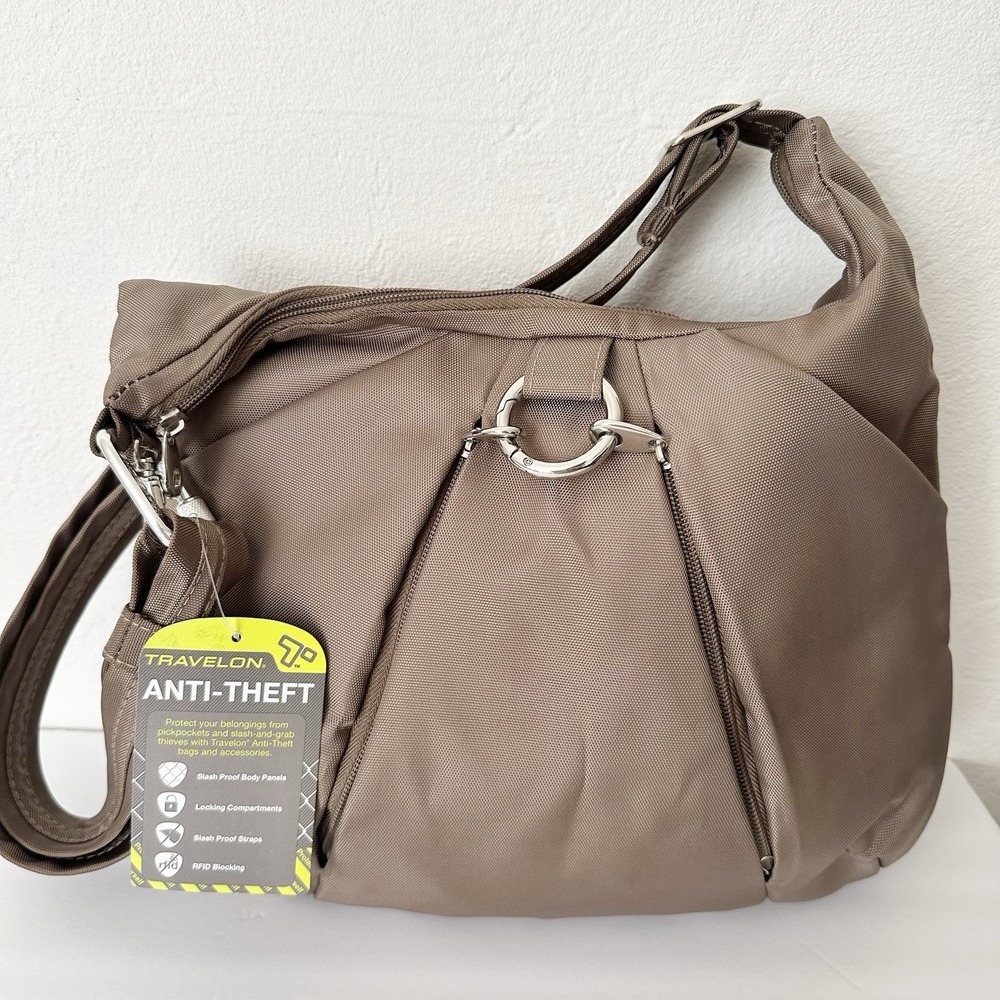 Travelon Shoulder Bag Brown Taupe Anti Theft Hobo RFID Crossbody NWT